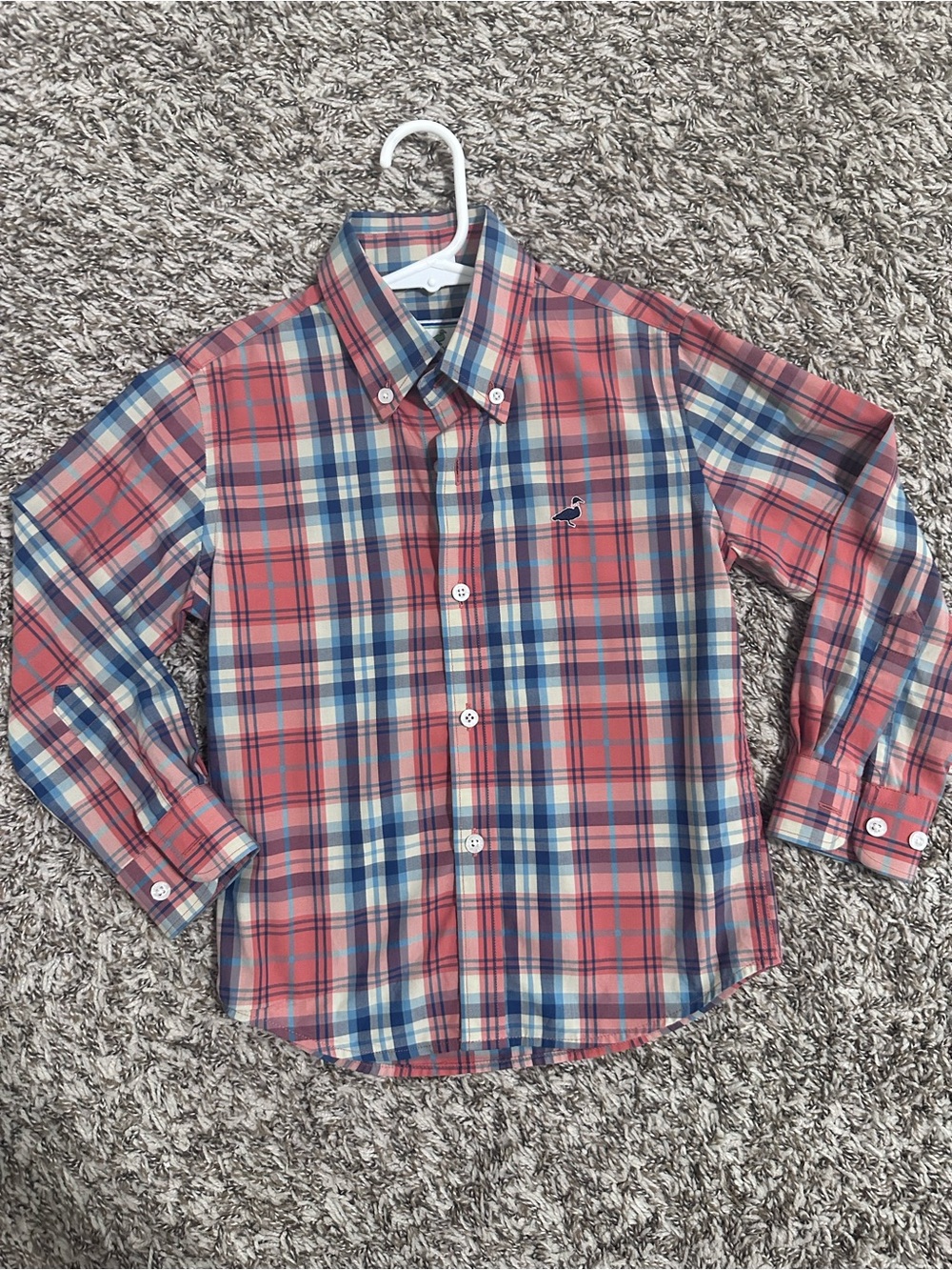 Properly tied Boys Coral Plaid Button-Down Shirt with Logo